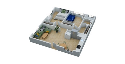 A 3D image of a house layout with a living room, kitchen, and two bedrooms.